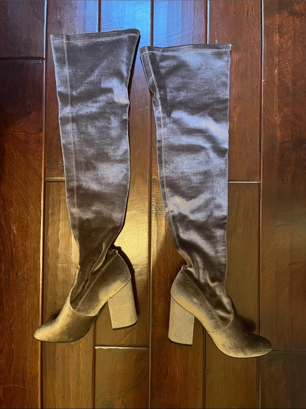 Steve Madden thigh high velvet boots taupe color size 8